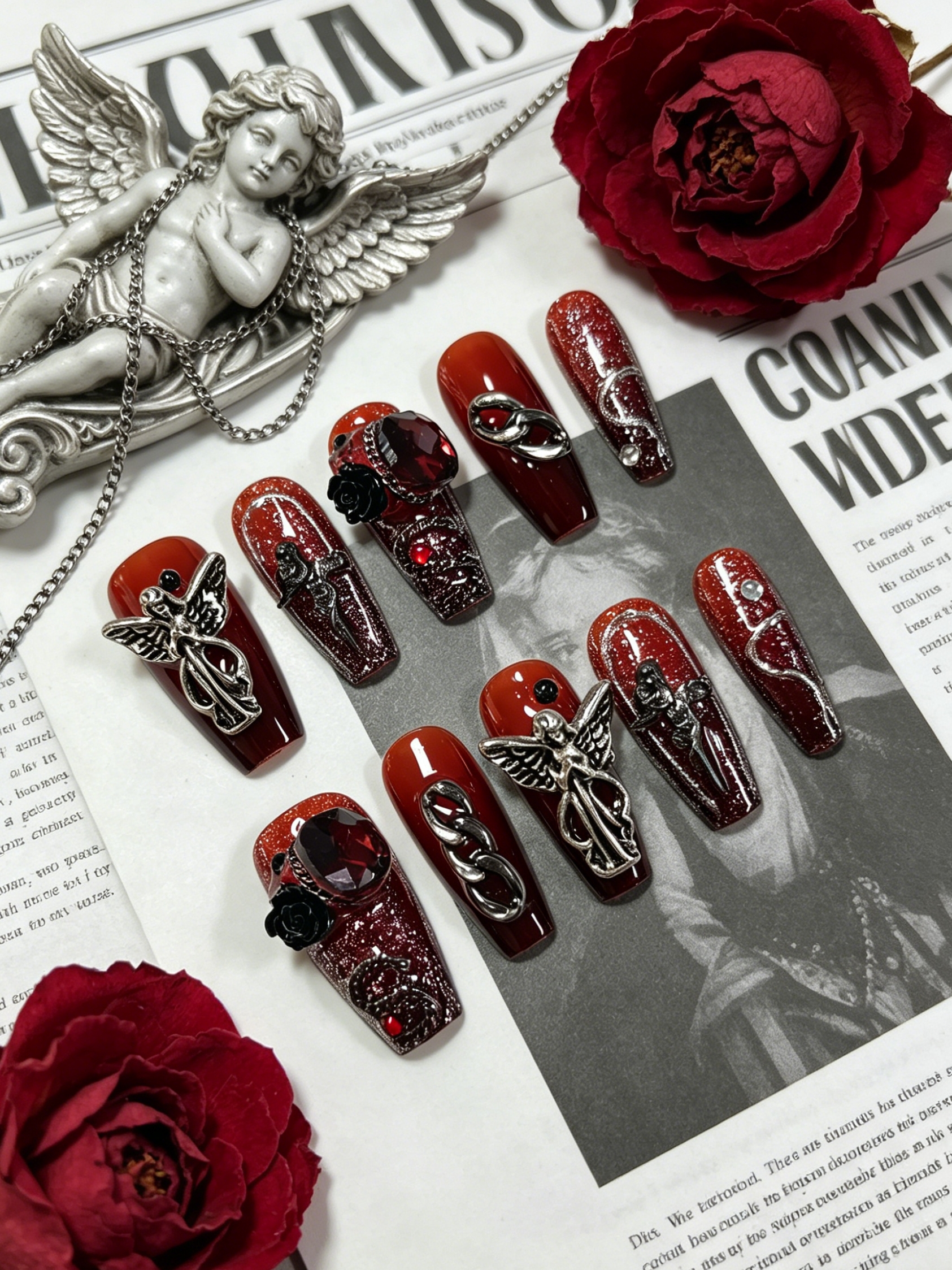 Korean Arts And Lifestyle - 10 Medium-Sized Trapezoidal Press-On Nails, Red